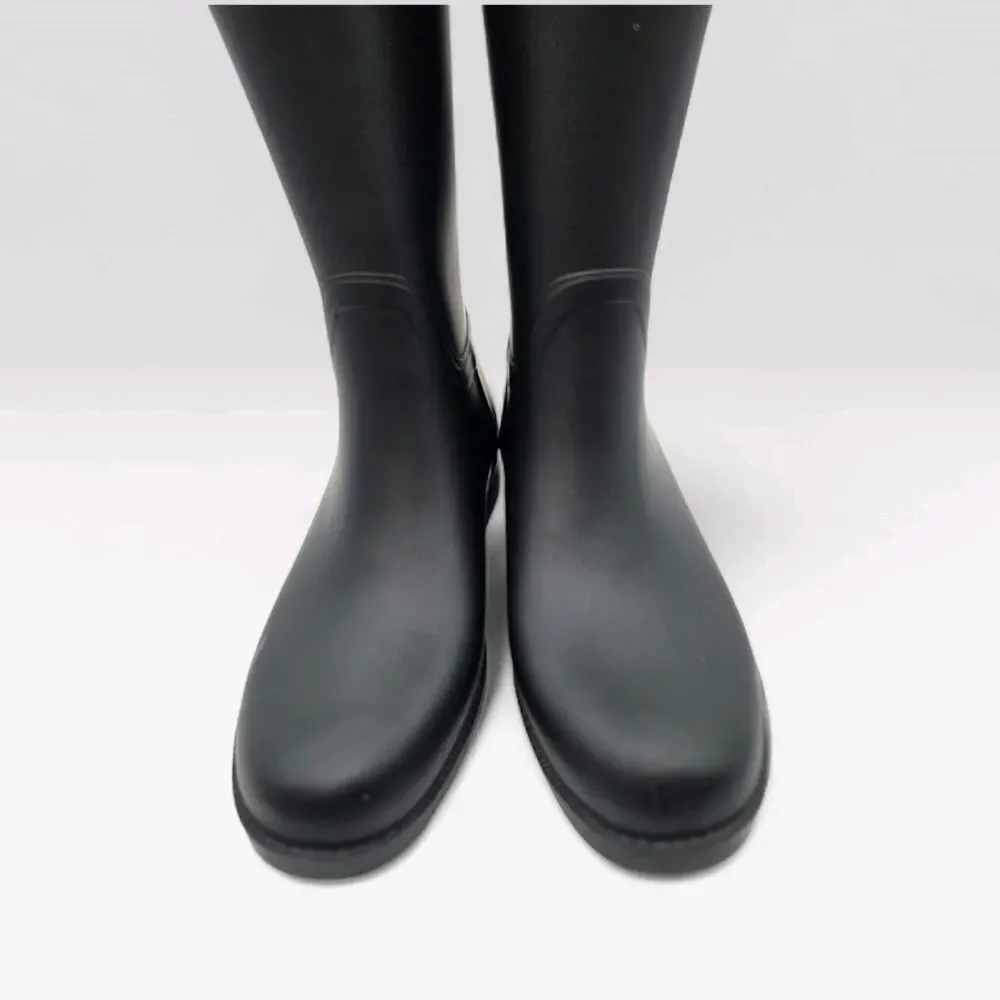 Tory Burch Diana Rain Boot Black Rubber Brown Leather Riding Boots Logo Sz 6